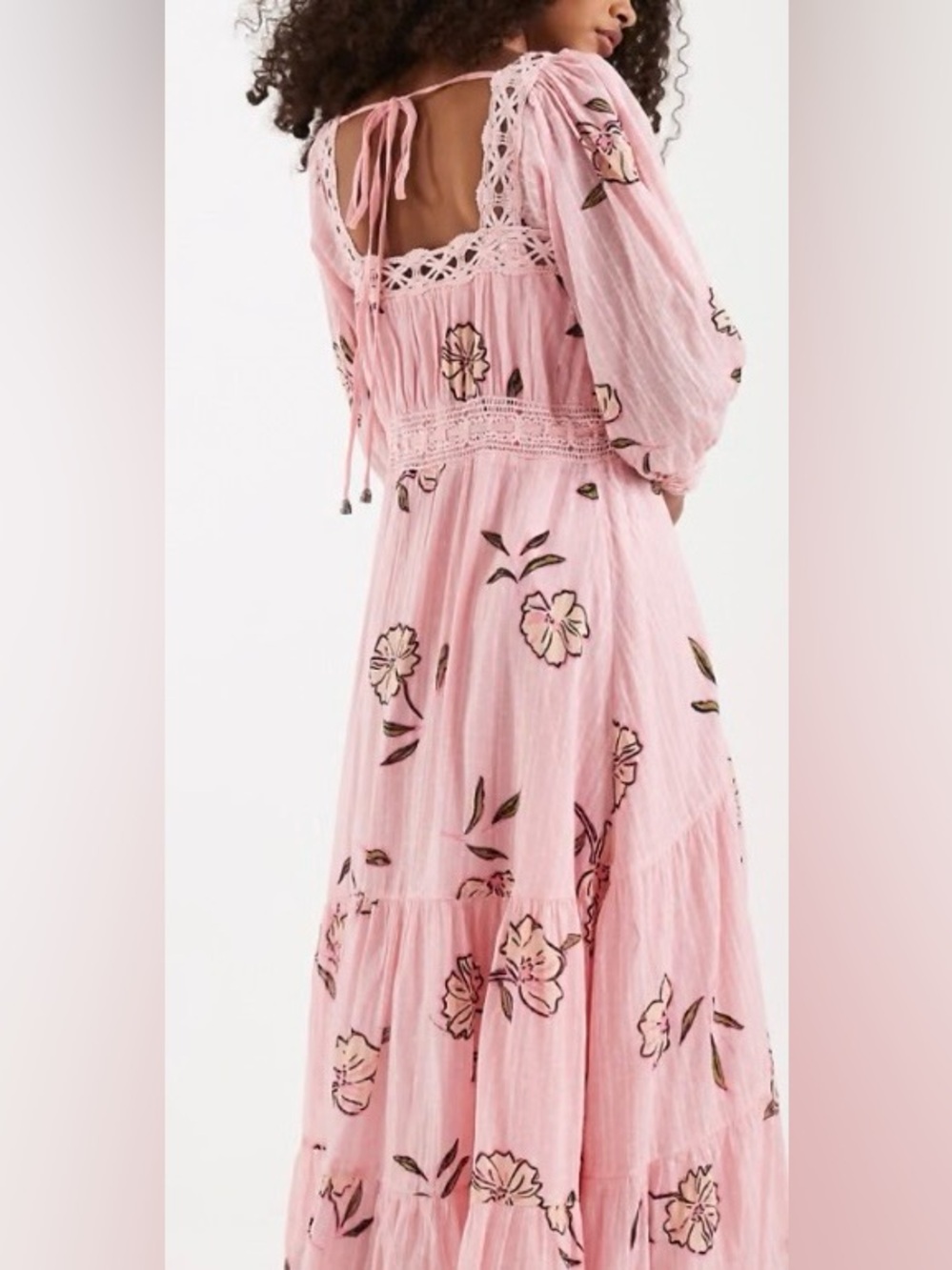 NEW Free People Pink Floral Maxi Dress, sleeves, size M, cotton, crochet detail - Picture 2 of 11